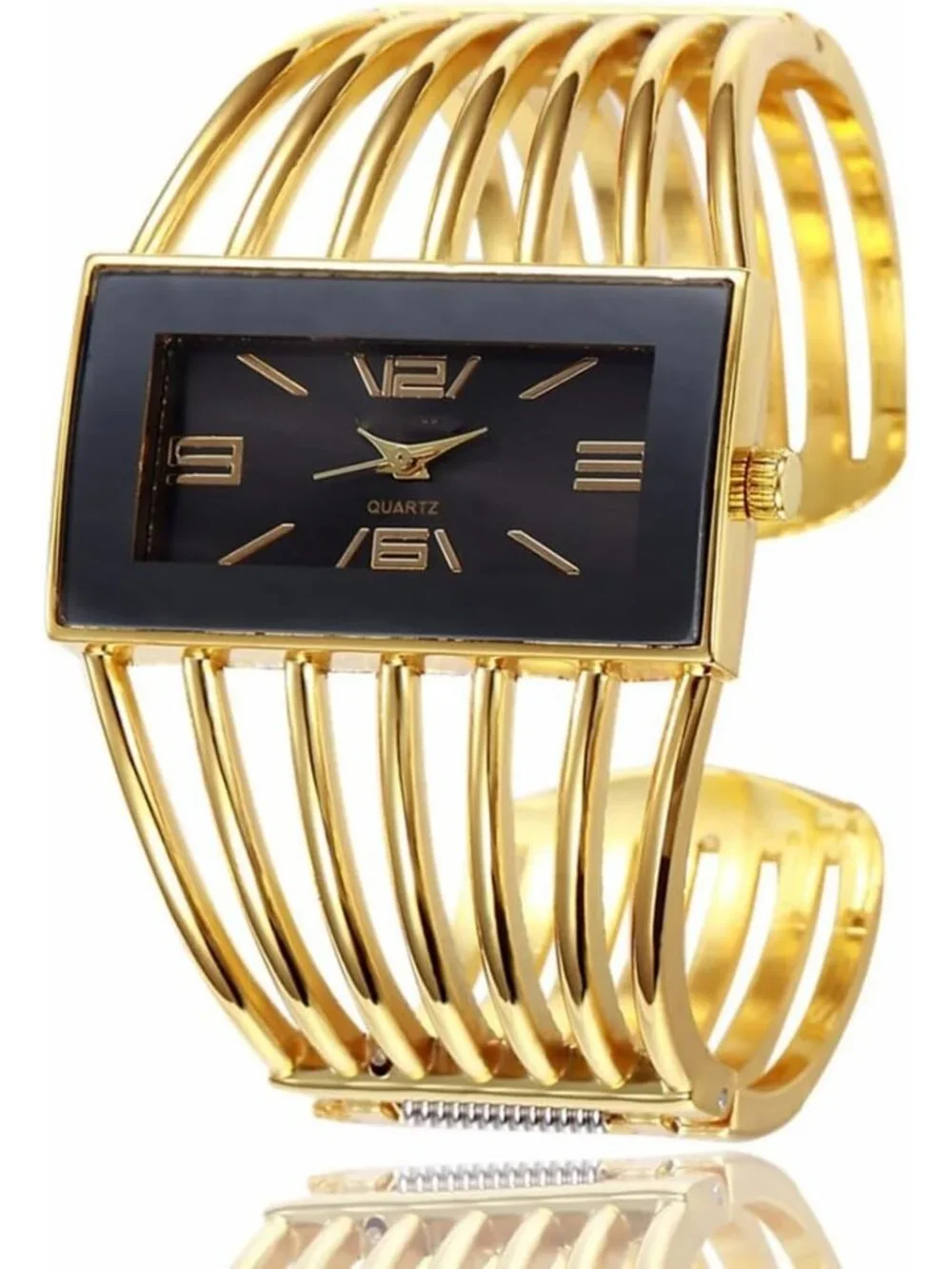 Women's Gold Black Luxury Rectangular Case Analog Quartz Fashion Wrist Watches